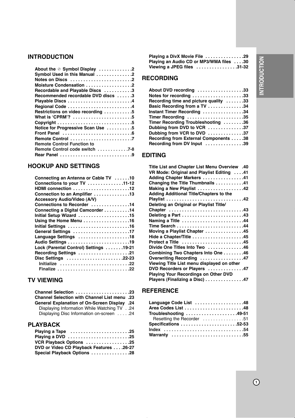 Introduction, Hookup and settings, Tv viewing | Playback, Recording, Editing, Reference | JVC LVT2016-001D User Manual | Page 5 / 60