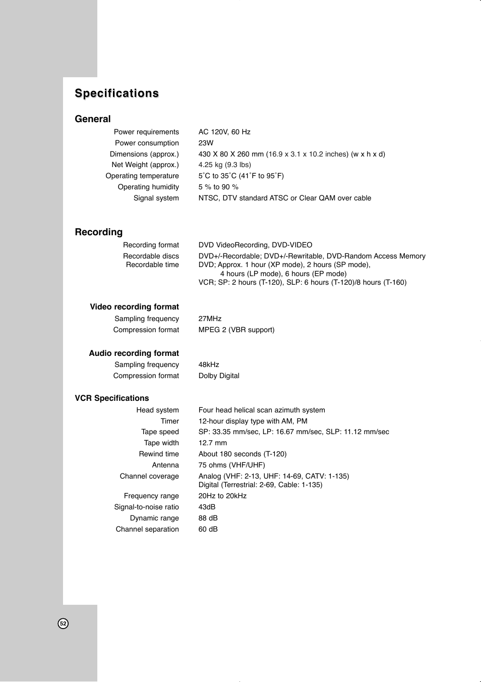 Specifications, General, Recording | JVC LVT2016-001D User Manual | Page 56 / 60