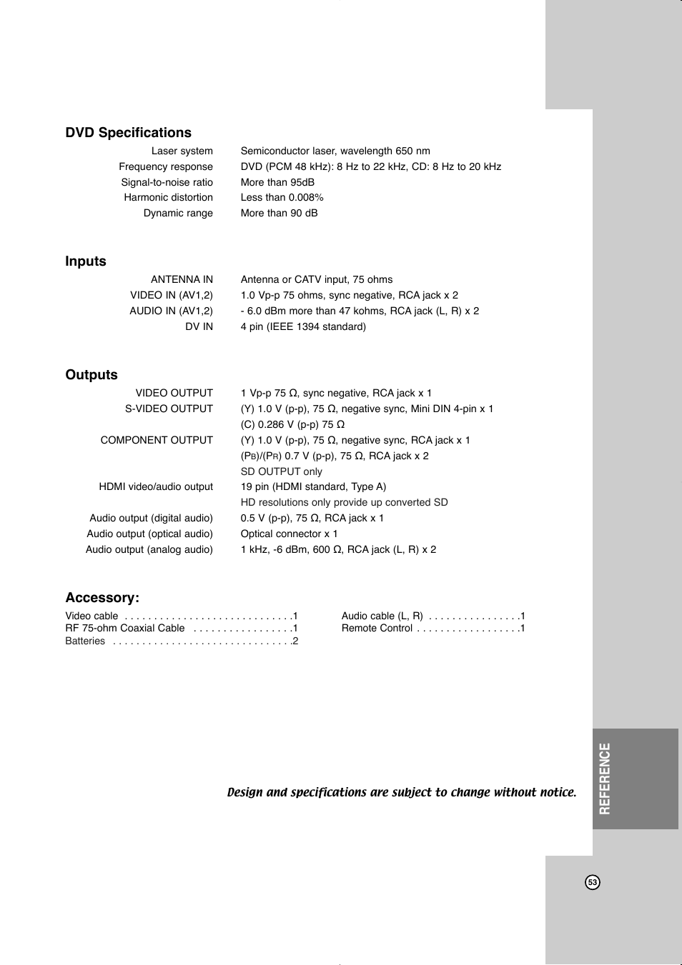 Reference dvd specifications, Inputs, Outputs | Accessory | JVC LVT2016-001D User Manual | Page 57 / 60