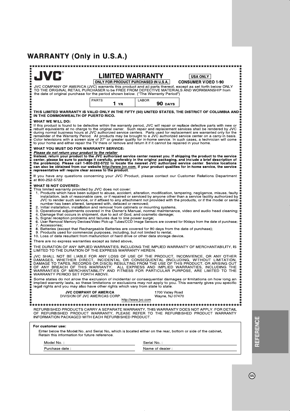 Warranty (only in u.s.a.) | JVC LVT2016-001D User Manual | Page 59 / 60
