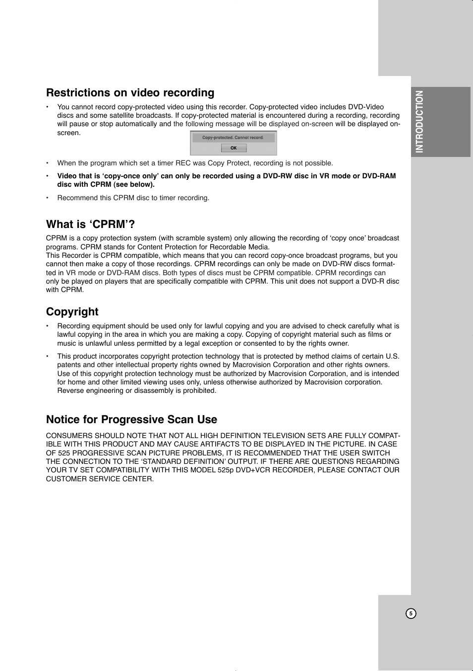 Restrictions on video recording, What is ‘cprm, Copyright | Notice for progressive scan use, Introduction | JVC LVT2016-001D User Manual | Page 9 / 60