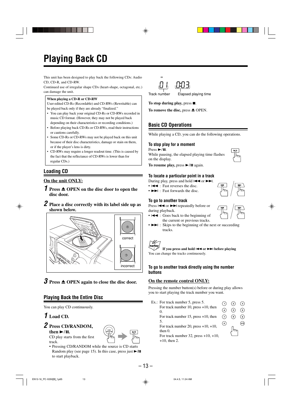 Playing back cd | JVC PCX290 User Manual | Page 16 / 24