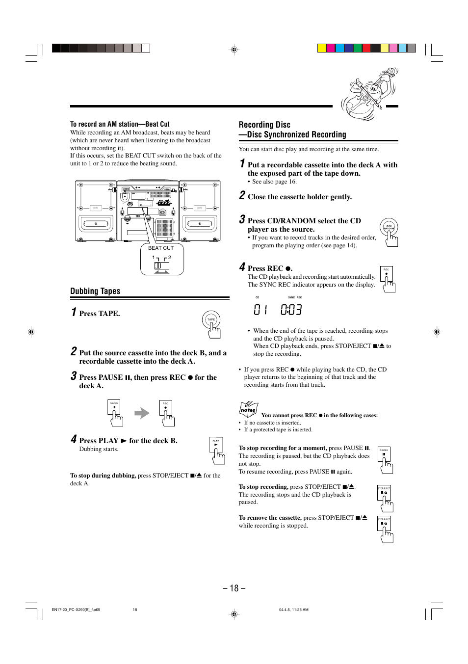 Recording disc —disc synchronized recording, Dubbing tapes | JVC PCX290 User Manual | Page 21 / 24