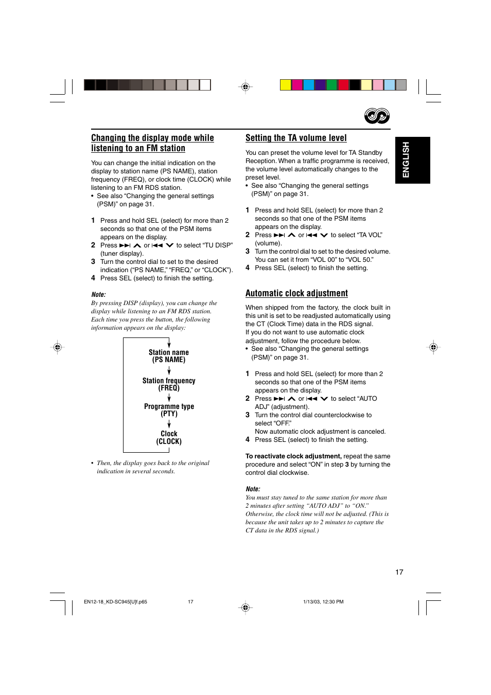 Setting the ta volume level, Automatic clock adjustment | JVC GET0143-001A User Manual | Page 17 / 43