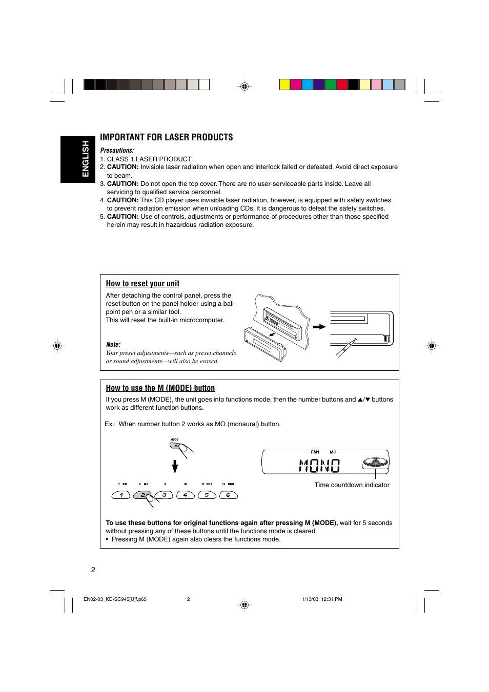 Important for laser products, How to reset your unit, How to use the m (mode) button | English | JVC GET0143-001A User Manual | Page 2 / 43