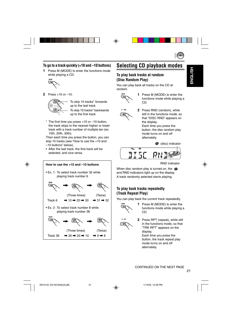 Selecting cd playback modes | JVC GET0143-001A User Manual | Page 21 / 43