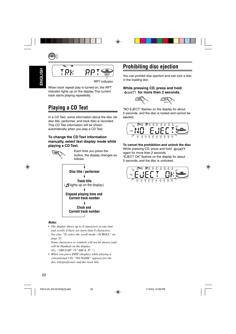 Prohibiting disc ejection, Playing a cd text | JVC GET0143-001A User Manual | Page 22 / 43