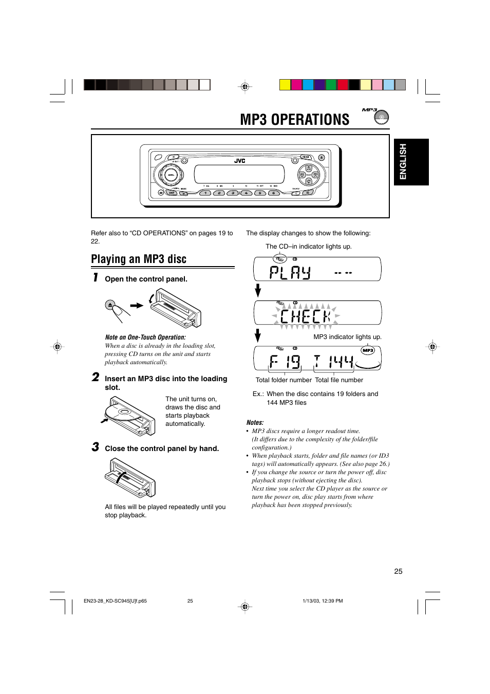 Mp3 operations, Playing an mp3 disc 1 | JVC GET0143-001A User Manual | Page 25 / 43