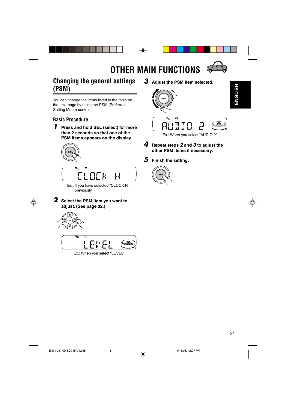 Other main functions, Changing the general settings (psm) | JVC GET0143-001A User Manual | Page 31 / 43