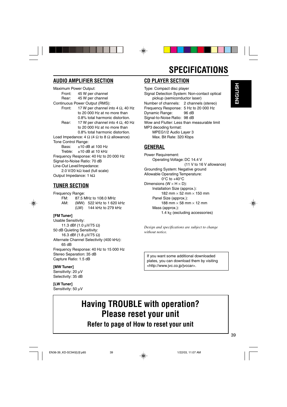 Specifications, Refer to page of how to reset your unit, General | JVC GET0143-001A User Manual | Page 39 / 43