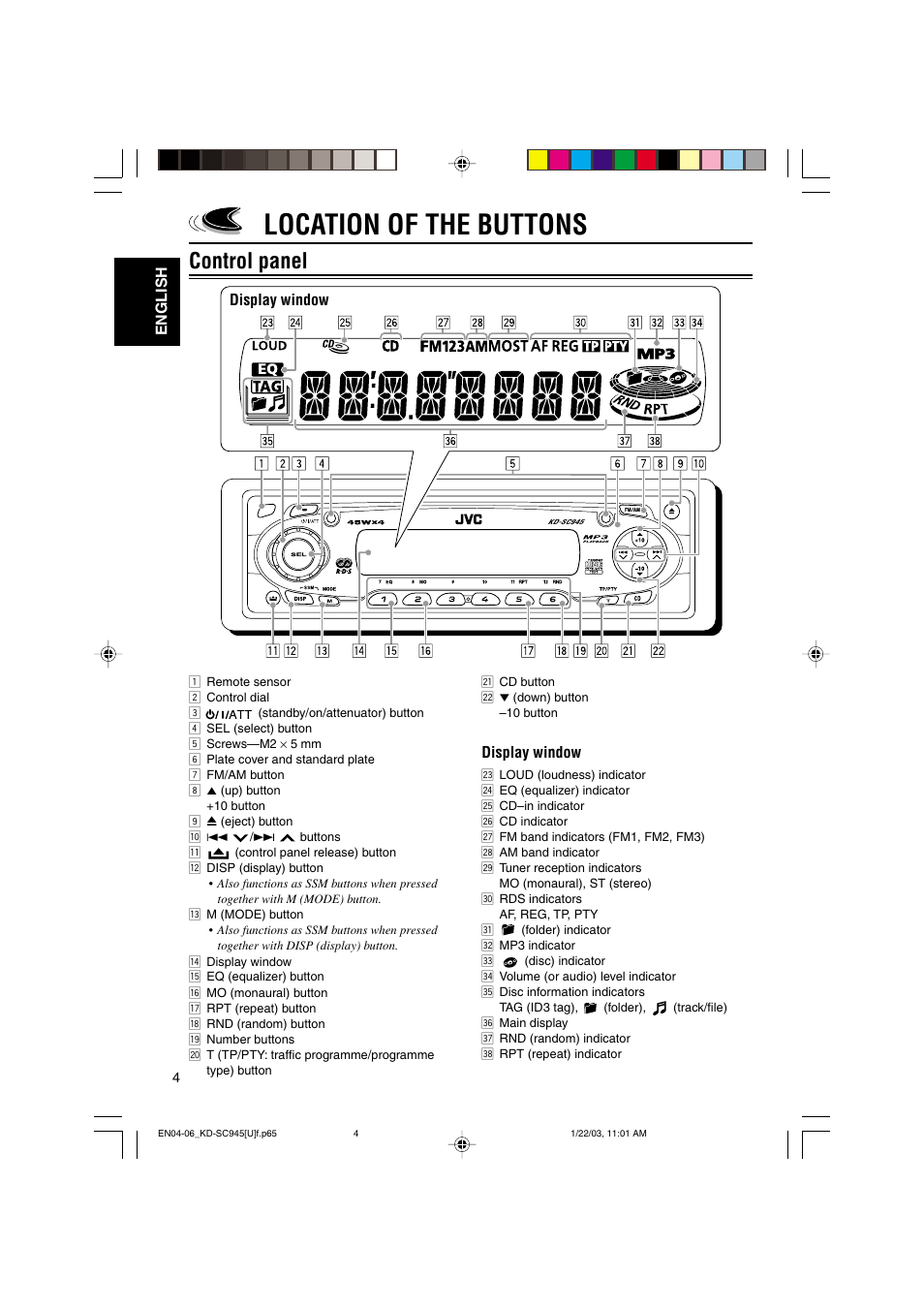 Location of the buttons, Control panel, English | Display window | JVC GET0143-001A User Manual | Page 4 / 43