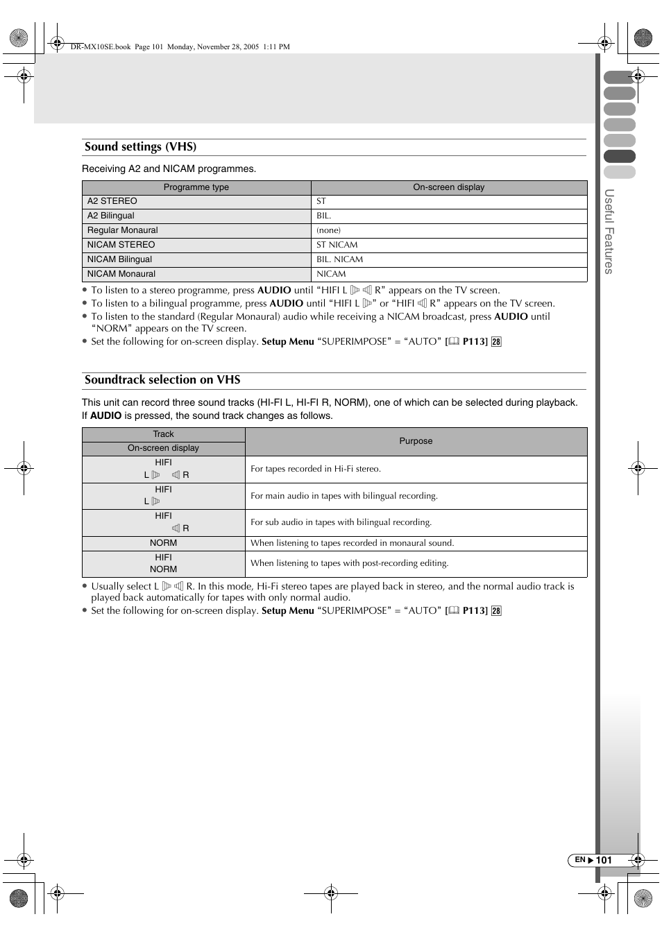 Usef ul f eature s, Sound settings (vhs), Soundtrack selection on vhs | JVC DR-MX10SE User Manual | Page 101 / 128