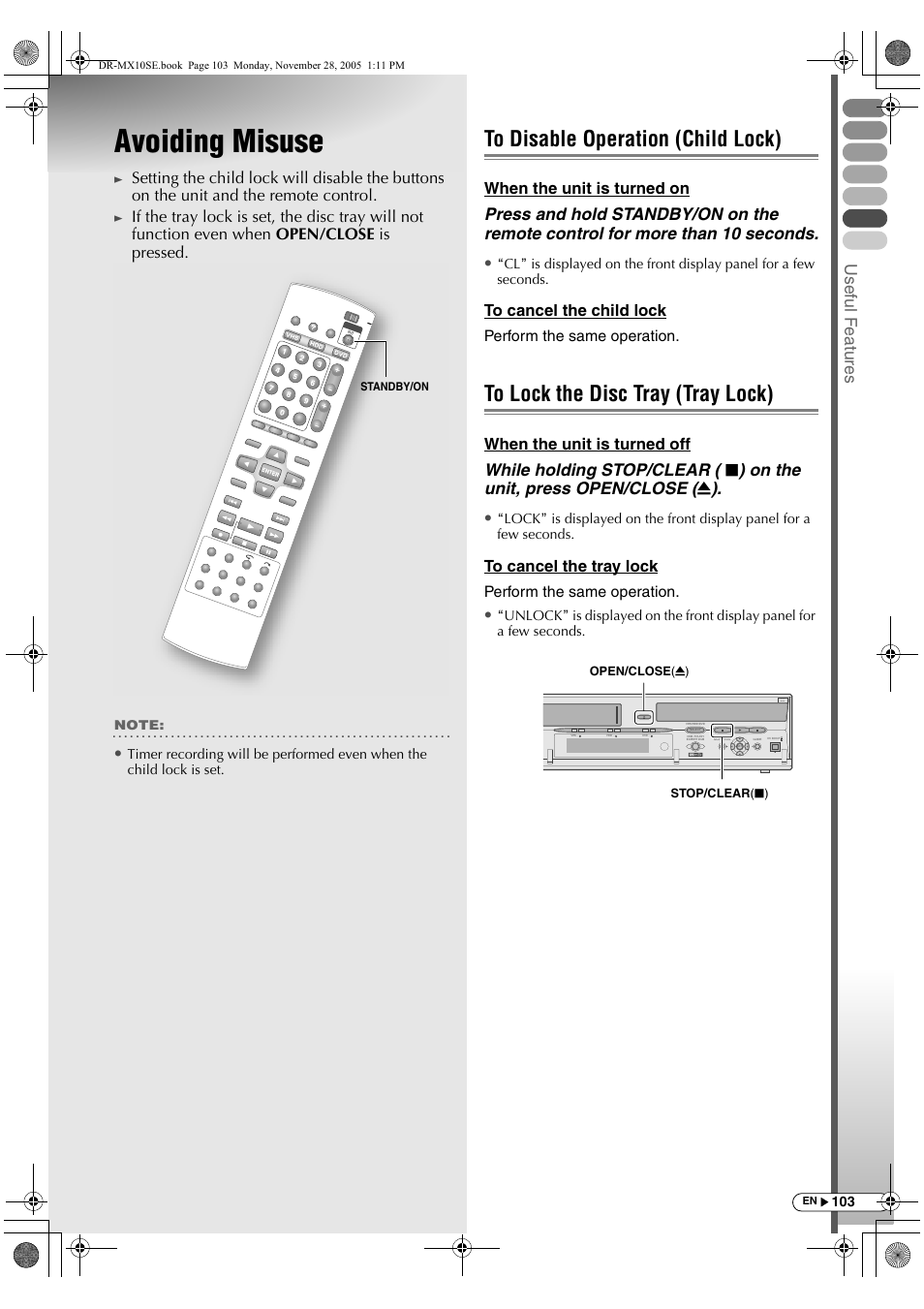 Avoiding misuse, To disable operation (child lock), To lock the disc tray (tray lock) | Usef ul f eature s | JVC DR-MX10SE User Manual | Page 103 / 128