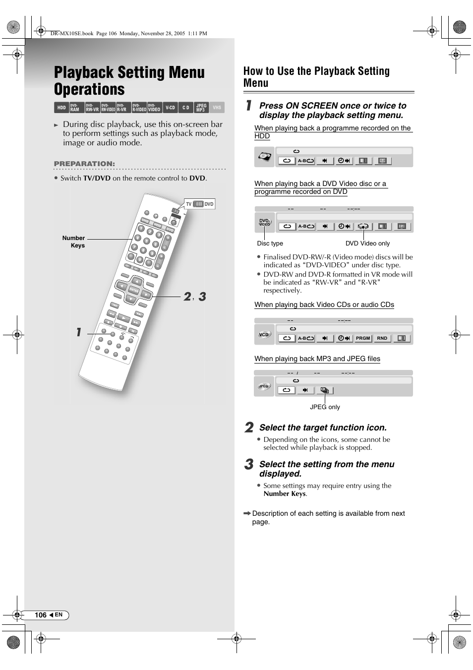 Playback setting menu operations, How to use the playback setting menu, Abcdefghil m | B, c a | JVC DR-MX10SE User Manual | Page 106 / 128