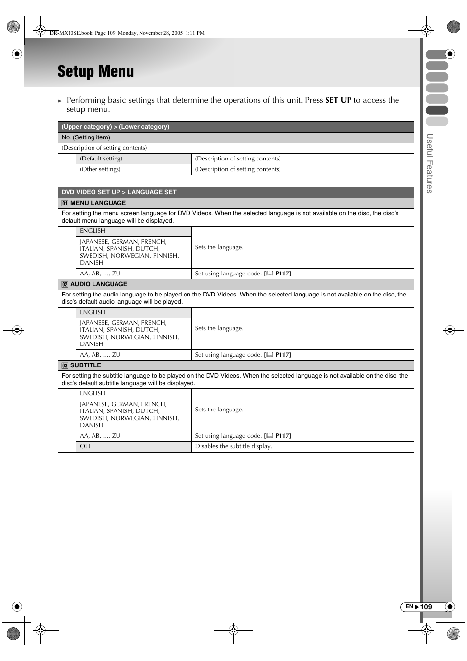 Setup menu, Usef ul f eature s | JVC DR-MX10SE User Manual | Page 109 / 128