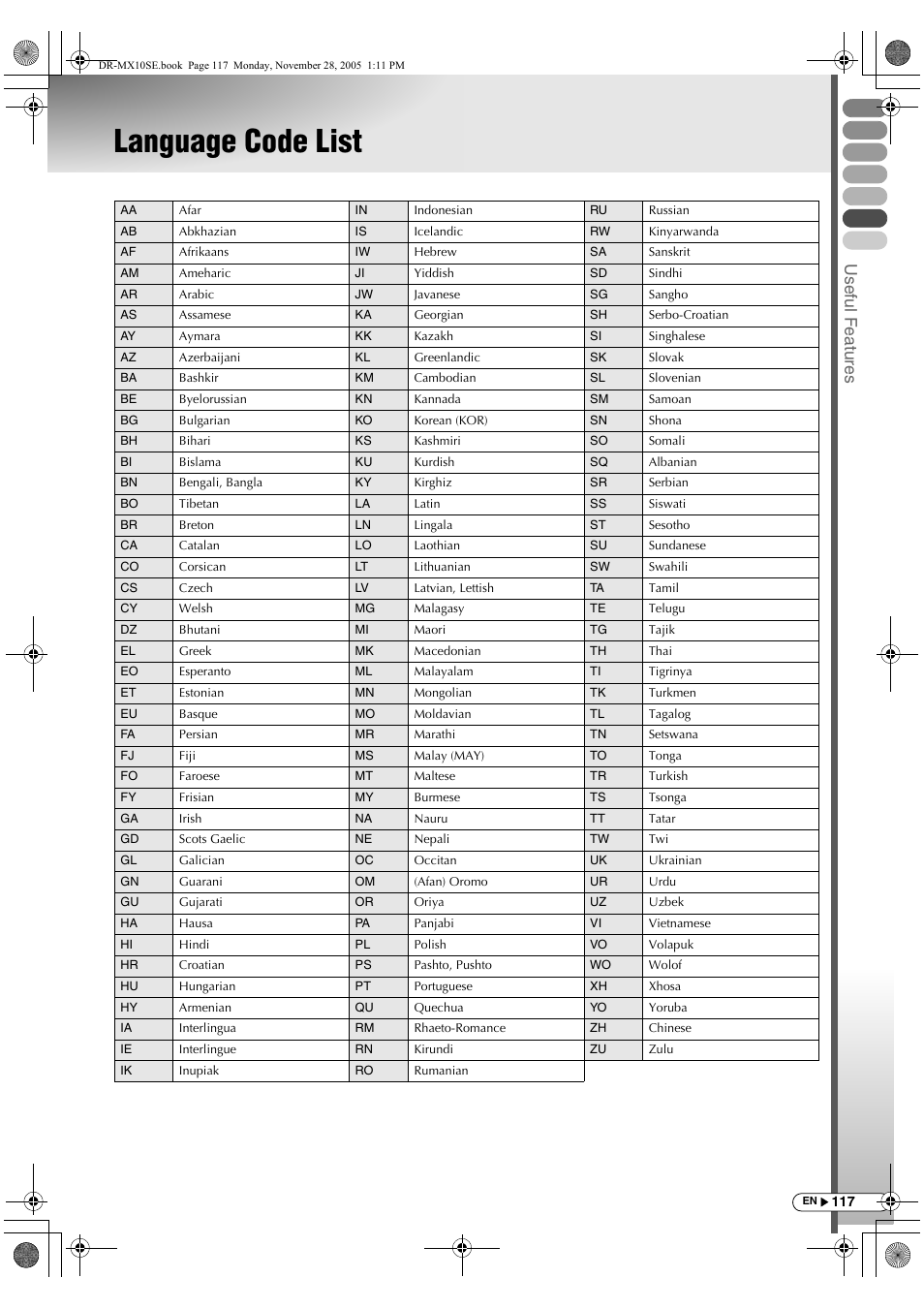 Language code list, Usef ul f eature s | JVC DR-MX10SE User Manual | Page 117 / 128