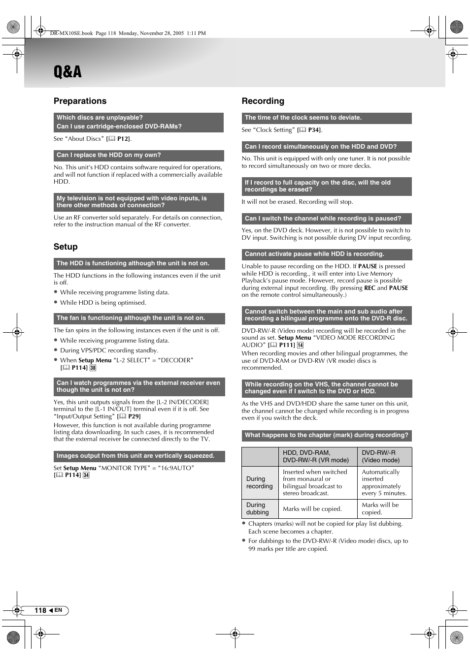 Troubleshooting/appendix, Preparations, Setup | Recording | JVC DR-MX10SE User Manual | Page 118 / 128