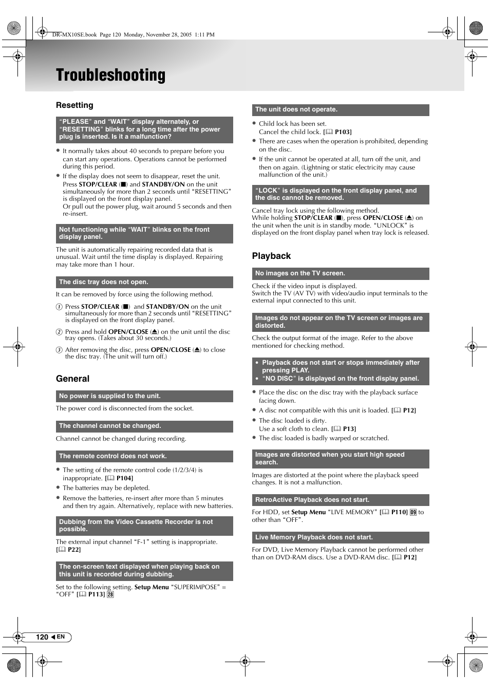 Troubleshooting, General, Playback | JVC DR-MX10SE User Manual | Page 120 / 128