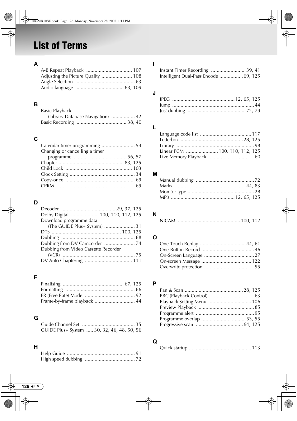 List of terms | JVC DR-MX10SE User Manual | Page 126 / 128
