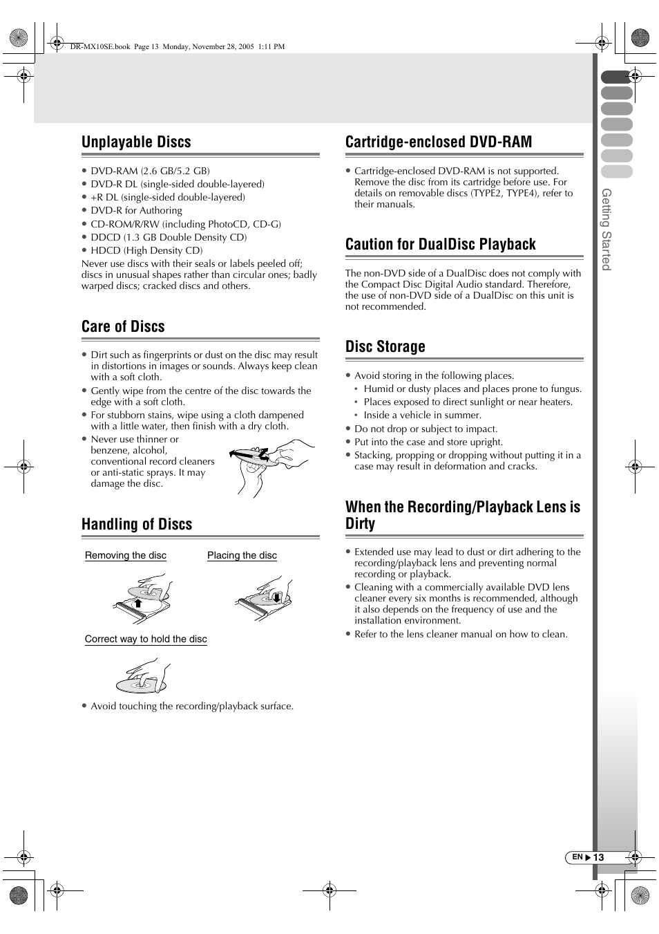 Unplayable discs, Care of discs, Handling of discs | Cartridge-enclosed dvd-ram, Caution for dualdisc playback, Disc storage, When the recording/playback lens is dirty | JVC DR-MX10SE User Manual | Page 13 / 128