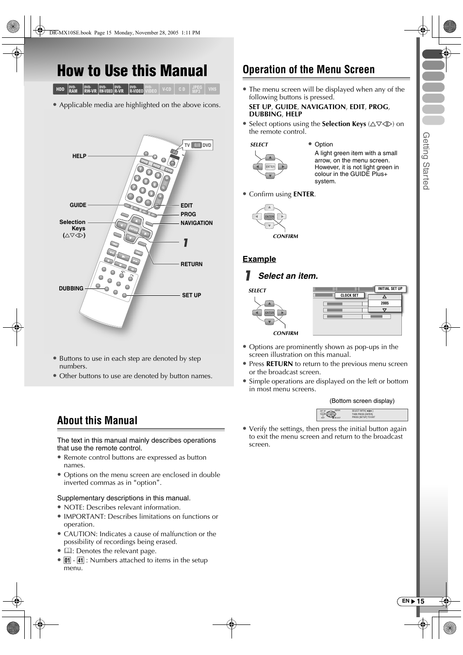 How to use this manual, About this manual, Operation of the menu screen | About this manual operation of the menu screen, Abcdef ghilm | JVC DR-MX10SE User Manual | Page 15 / 128