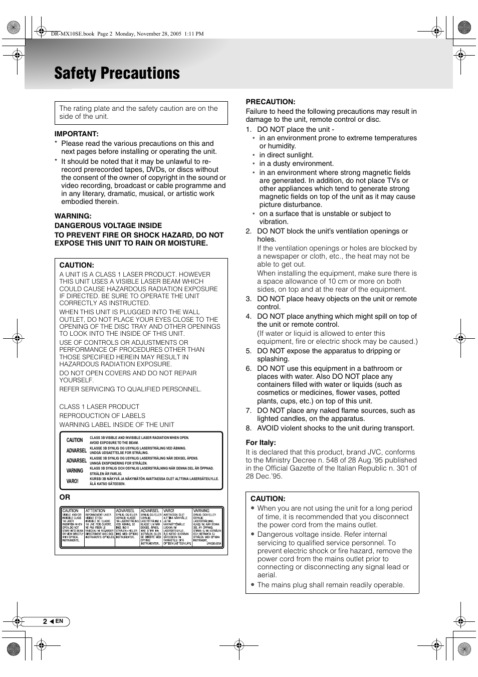 Getting started, Safety precautions | JVC DR-MX10SE User Manual | Page 2 / 128