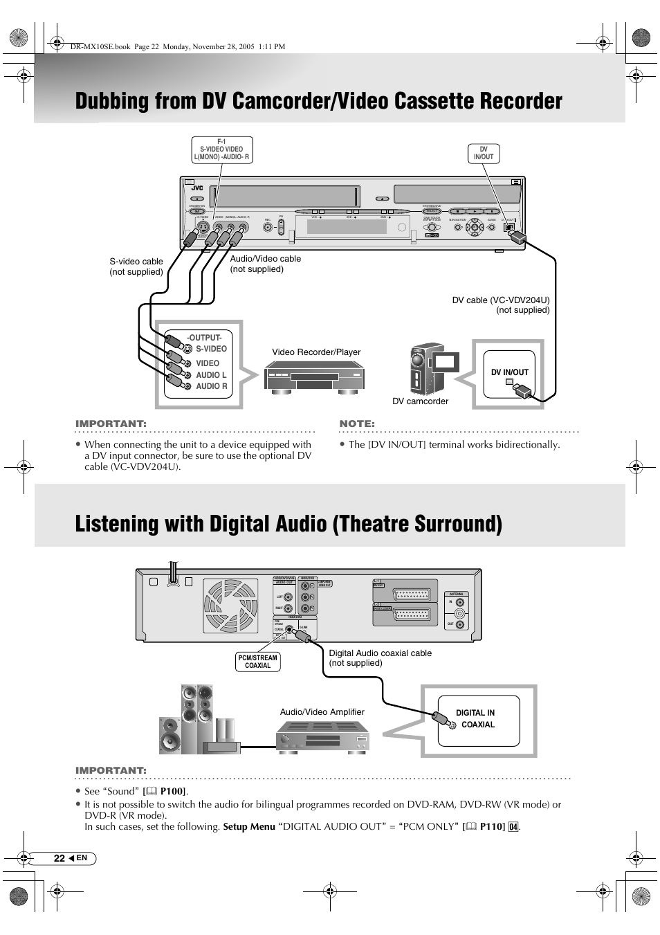 Dubbing from dv camcorder/video cassette recorder, Listening with digital audio (theatre surround), Dubbing from dv camcorder | Video cassette recorder, The [dv in/out] terminal works bidirectionally, See asoundb [ p100, Important, Dv in/out | JVC DR-MX10SE User Manual | Page 22 / 128