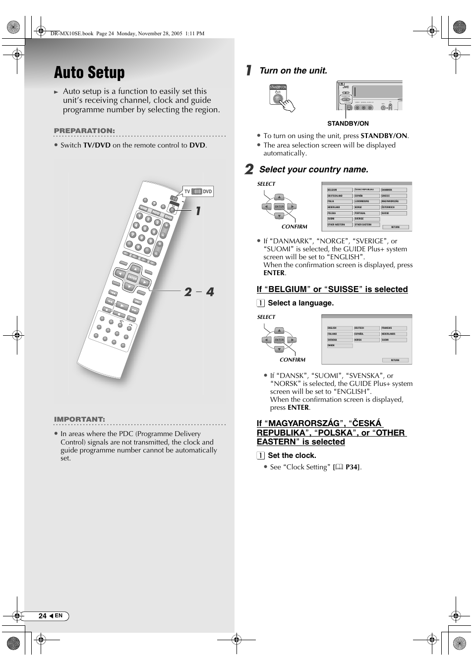 Auto setup, B- d a, Turn on the unit | Select your country name, If abelgiumb or asuisseb is selected, Aselect a language, Aset the clock | JVC DR-MX10SE User Manual | Page 24 / 128