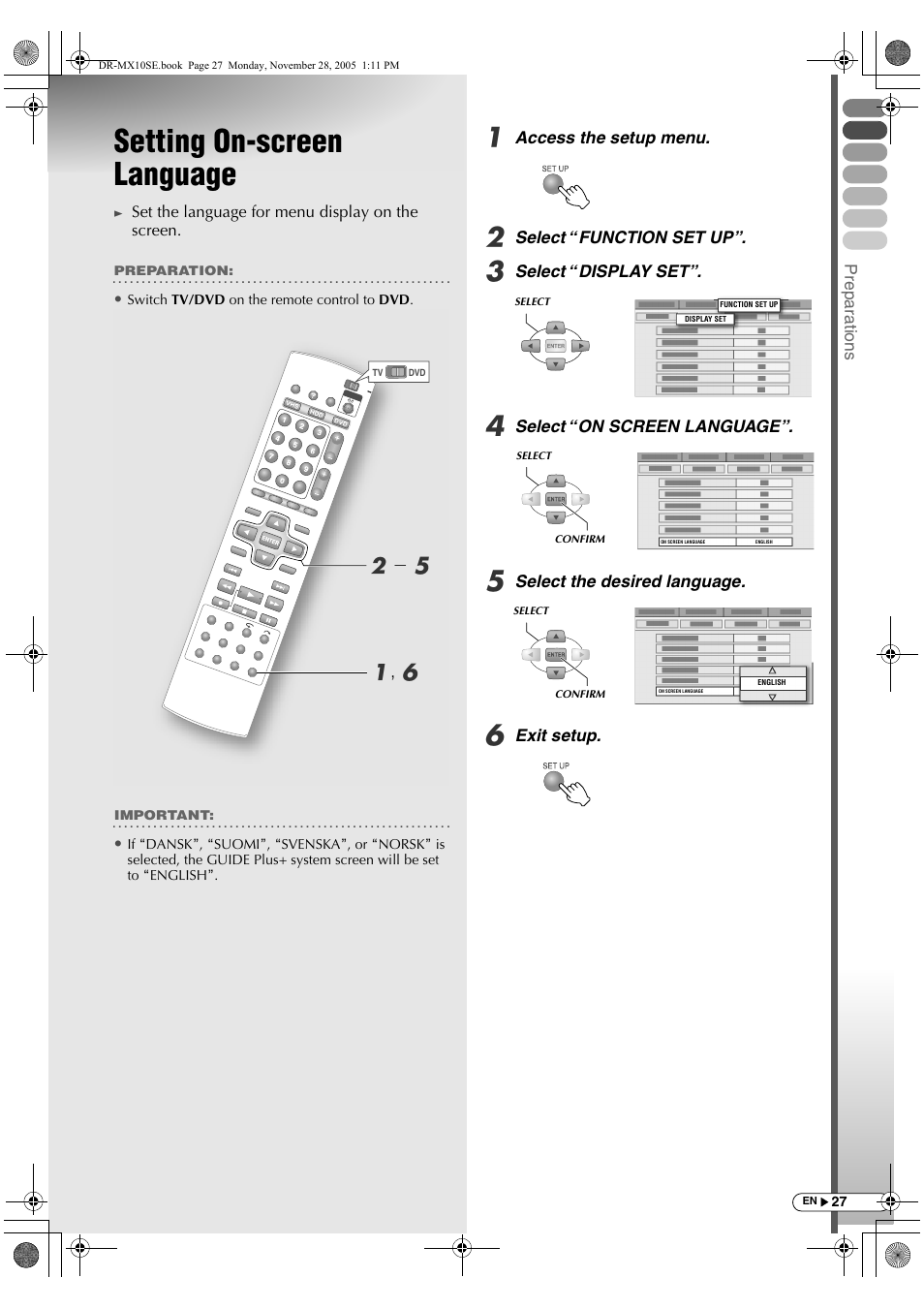 Setting on-screen language, A, f b - e | JVC DR-MX10SE User Manual | Page 27 / 128