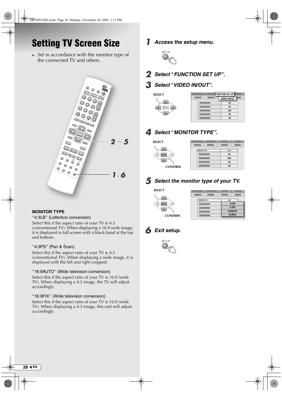 Setting tv screen size, A, f b - e | JVC DR-MX10SE User Manual | Page 28 / 128