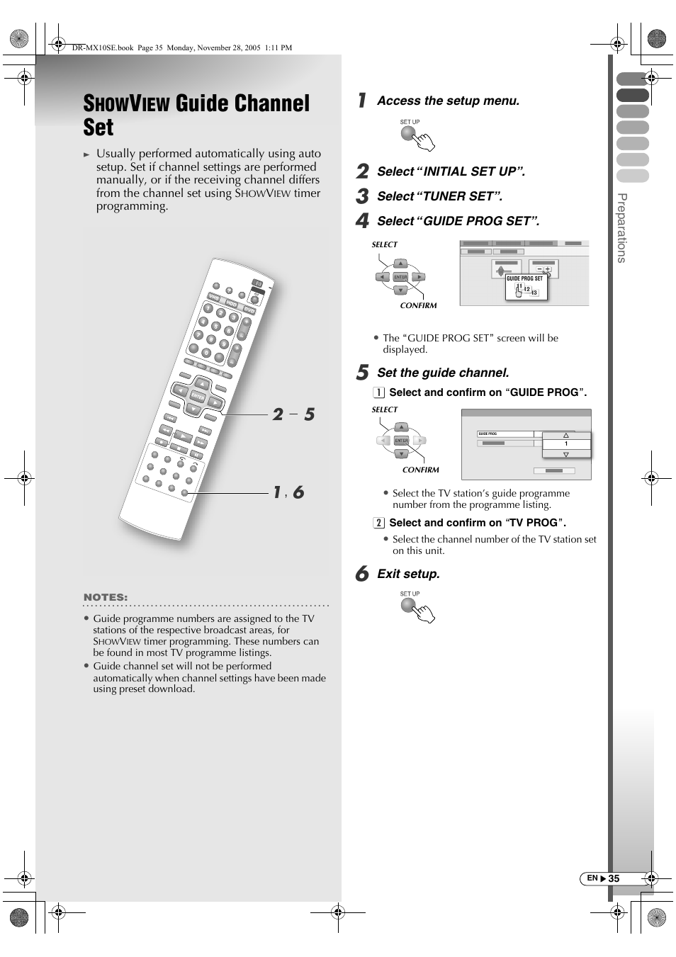 Showview guide channel set, Guide channel set, A, f b - e | JVC DR-MX10SE User Manual | Page 35 / 128