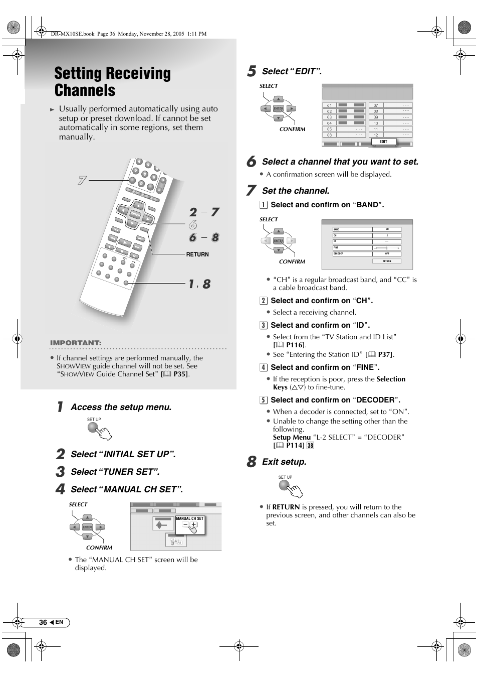 Setting receiving channels, A, h b - g f f - h g | JVC DR-MX10SE User Manual | Page 36 / 128
