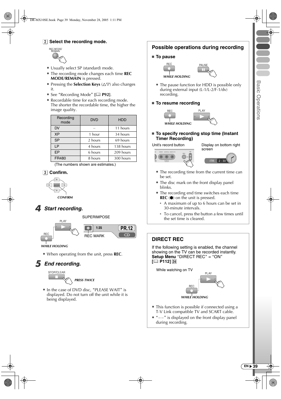 Pr.12, Basic oper ations, Start recording | End recording, Possible operations during recording, Direct rec | JVC DR-MX10SE User Manual | Page 39 / 128
