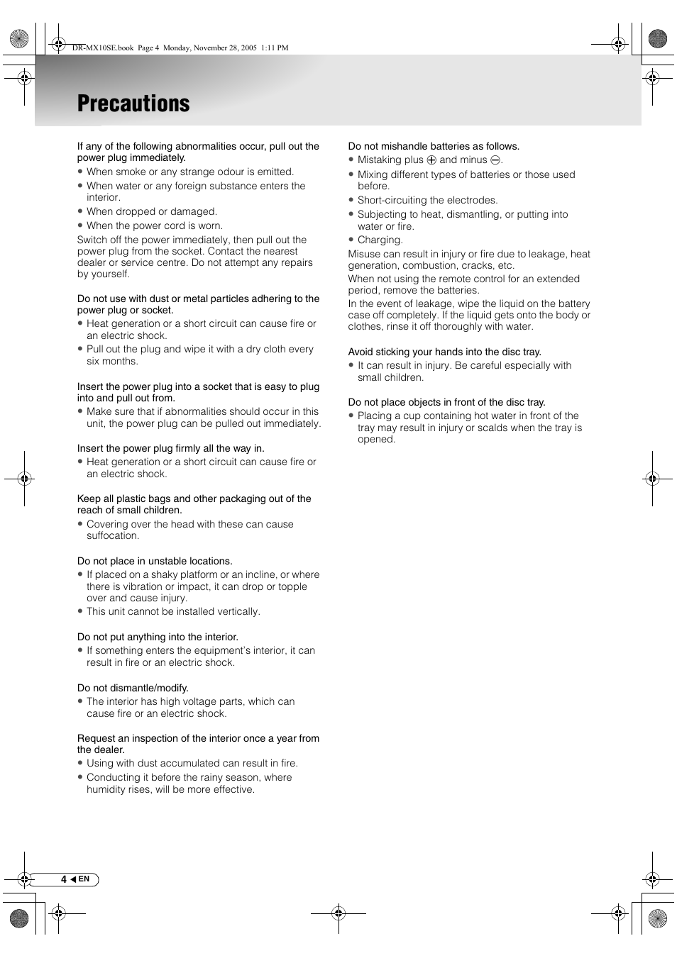 Precautions | JVC DR-MX10SE User Manual | Page 4 / 128