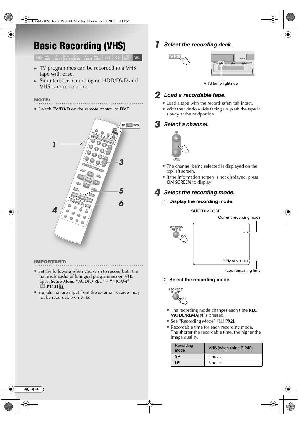 Basic recording (vhs), Abcdefghil m, Ad c e f | JVC DR-MX10SE User Manual | Page 40 / 128