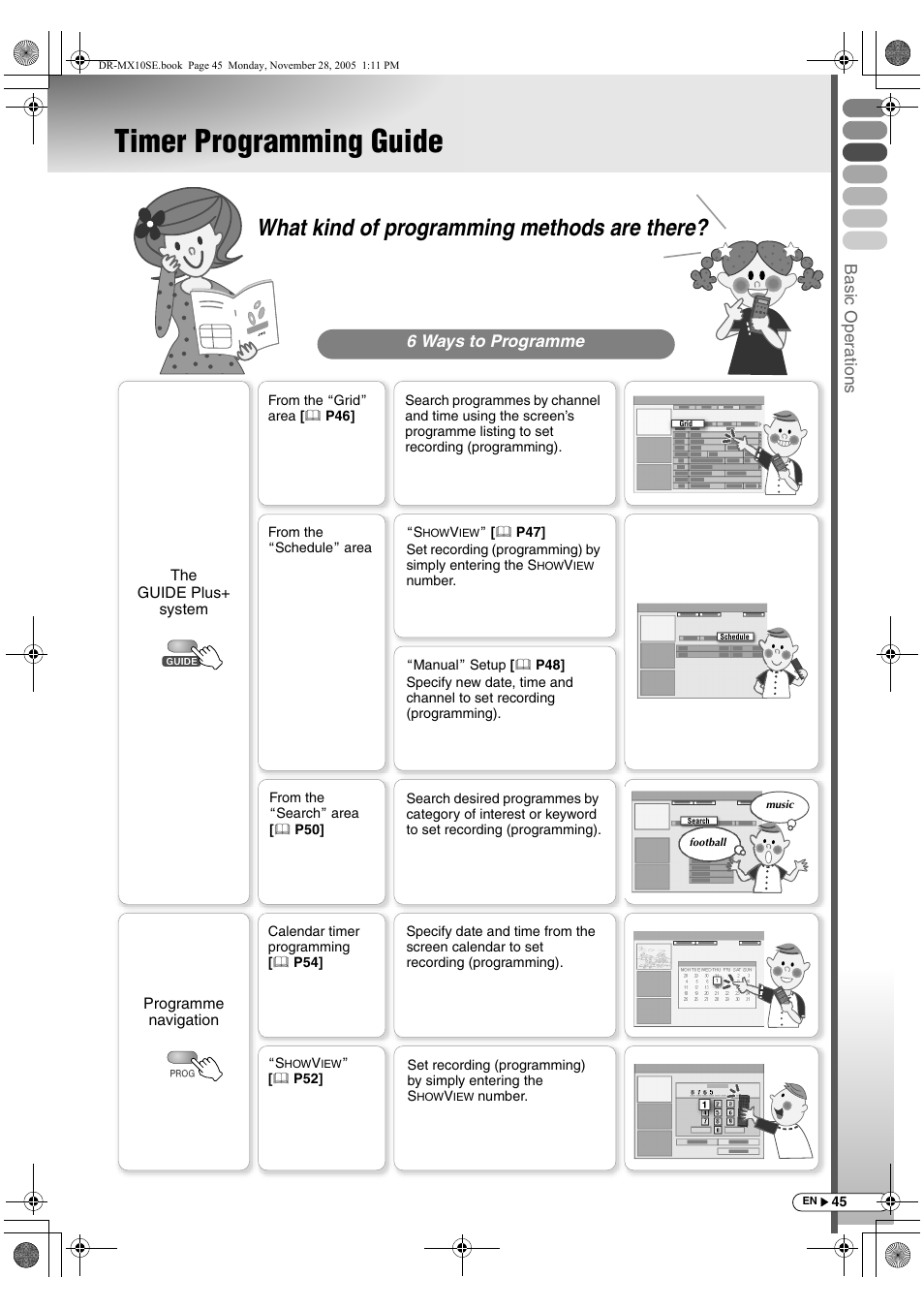 Timer programming guide, What kind of programming methods are there, Basic oper ations | 6 ways to programme | JVC DR-MX10SE User Manual | Page 45 / 128
