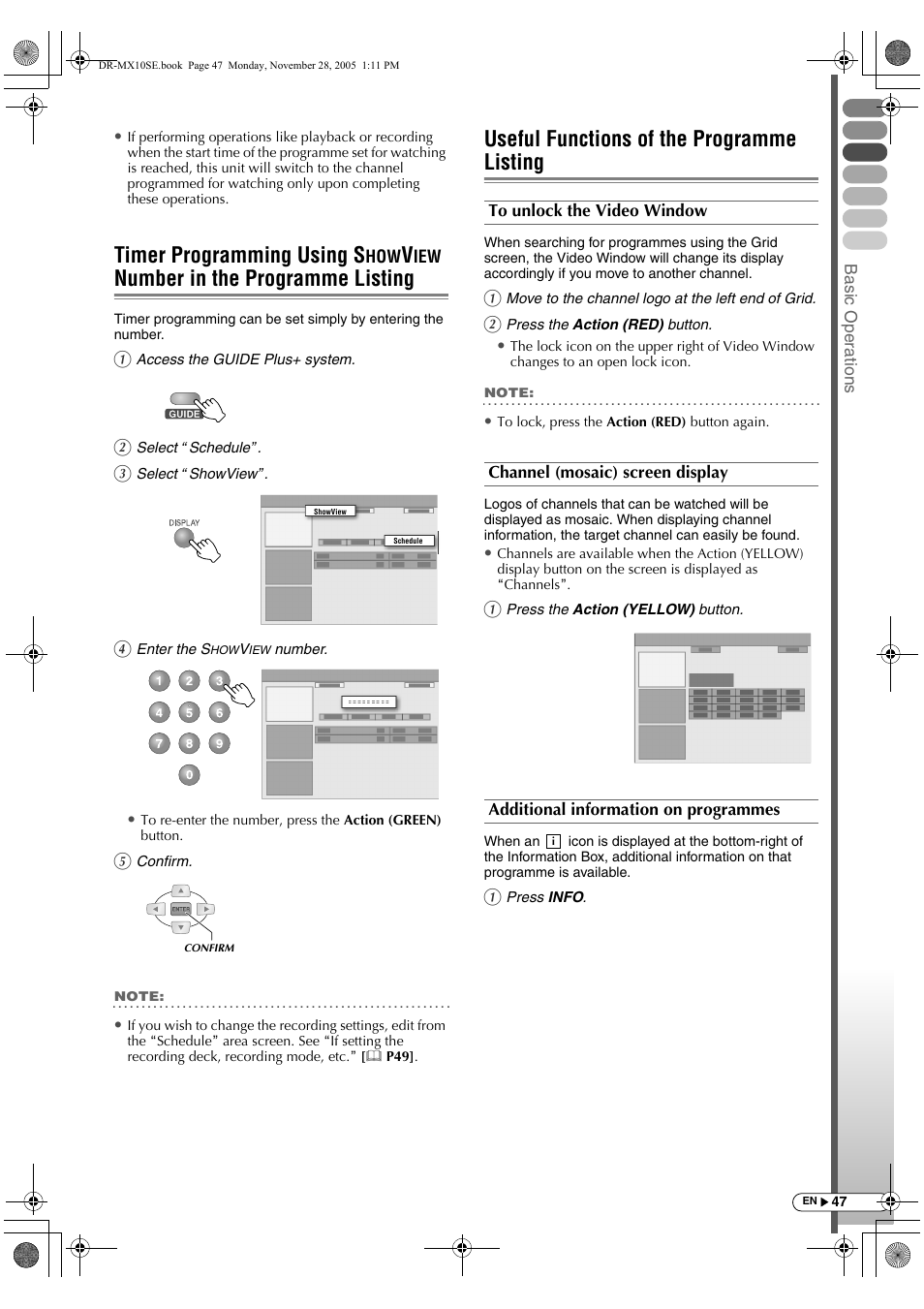 Useful functions of the programme listing, Timer programming using s, Number | In the programme listing, Number in the programme listing | JVC DR-MX10SE User Manual | Page 47 / 128