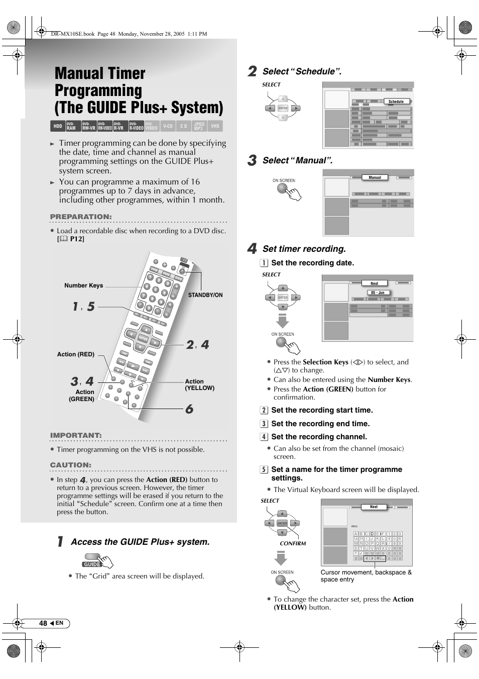 Manual timer programming (the guide plus+ system), Manual timer programming, The guide plus+ system) | Abcdef ghilm, A, e b , d c , d | JVC DR-MX10SE User Manual | Page 48 / 128
