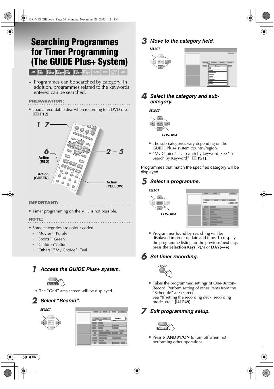 Searching programmes for timer programming, The guide plus+ system), Abcdef ghilm | A, g f, B- e | JVC DR-MX10SE User Manual | Page 50 / 128