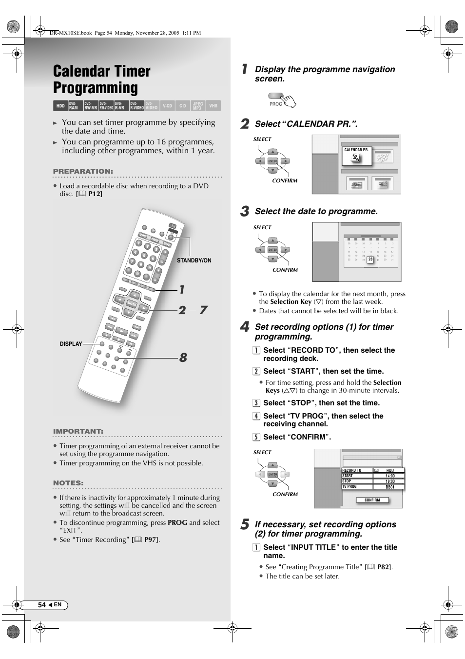 Calendar timer programming, Abcdef ghilm, Ab - g h | Display the programme navigation screen, Select “calendar pr, Select the date to programme, Set recording options (1) for timer programming | JVC DR-MX10SE User Manual | Page 54 / 128