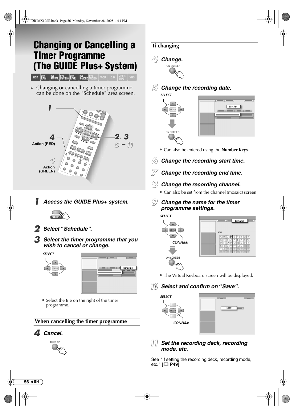 Changing or cancelling a timer programme, The guide plus+ system), Abcdef ghilm | JVC DR-MX10SE User Manual | Page 56 / 128