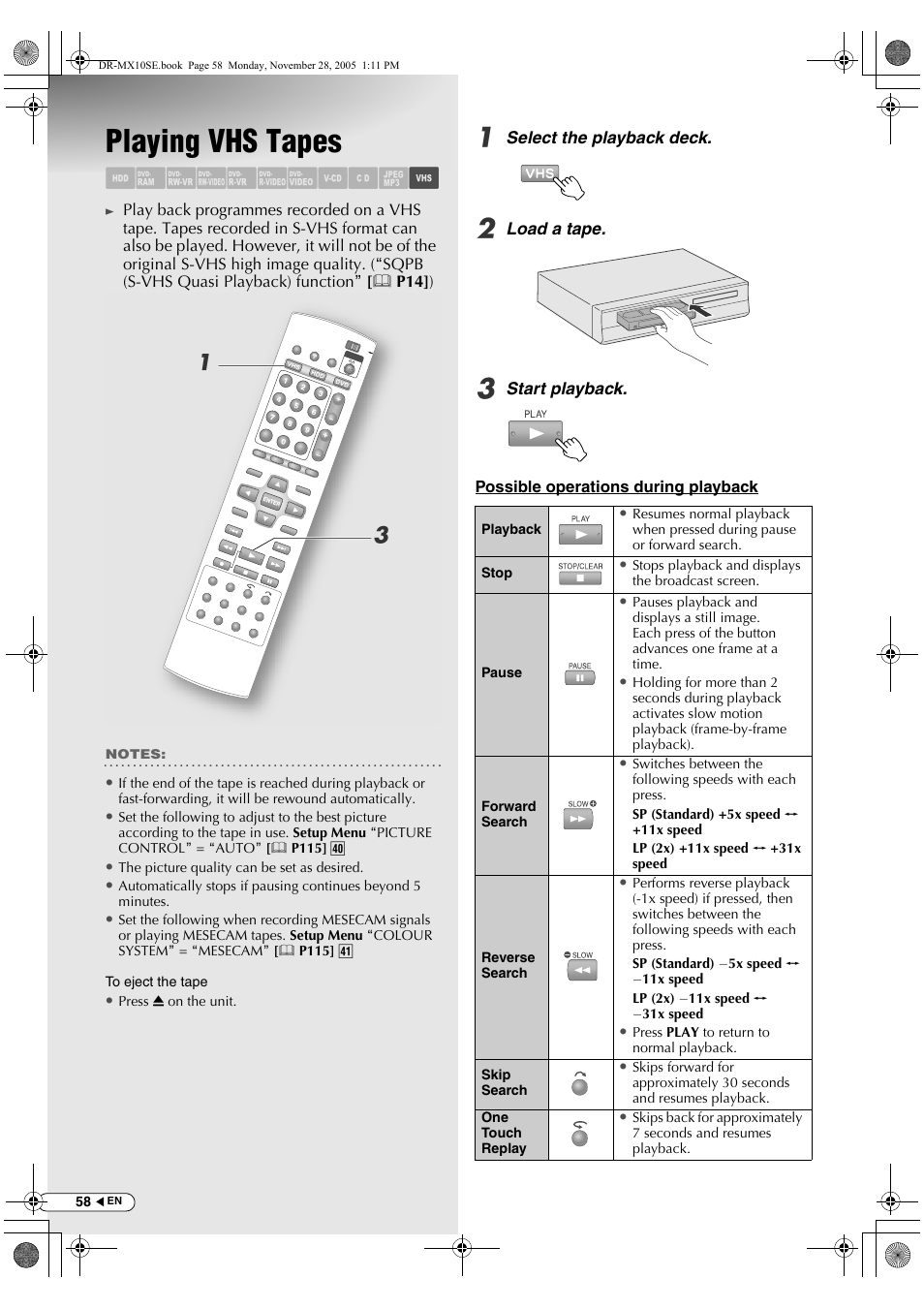 Playing vhs tapes, Abcdefghil m | JVC DR-MX10SE User Manual | Page 58 / 128