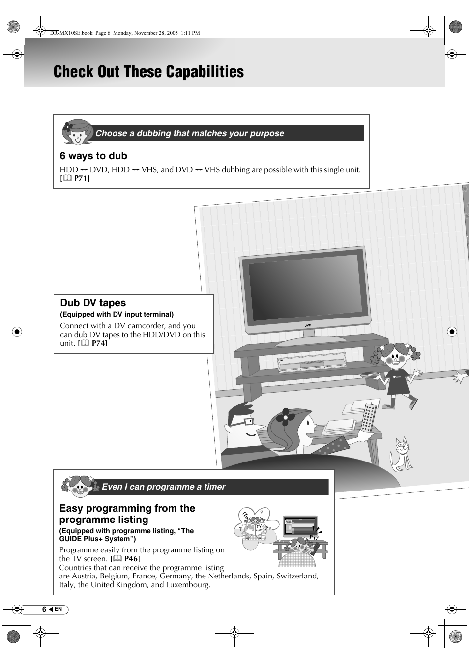 Check out these capabilities, 6 ways to dub, Easy programming from the programme listing | Dub dv tapes | JVC DR-MX10SE User Manual | Page 6 / 128