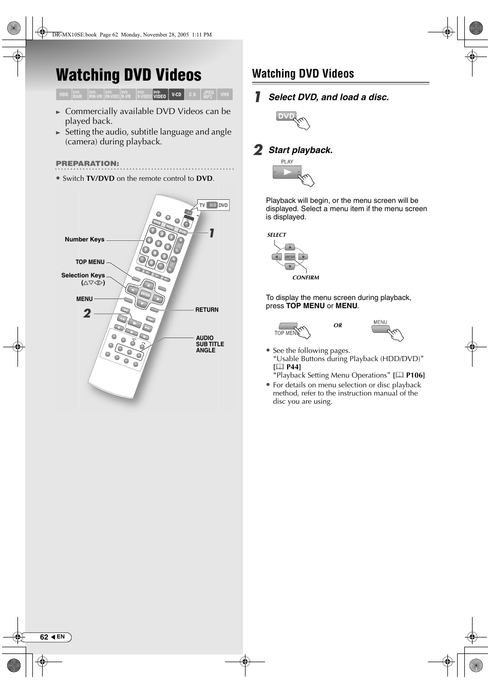 Watching dvd videos, Abcdef gh ilm | JVC DR-MX10SE User Manual | Page 62 / 128