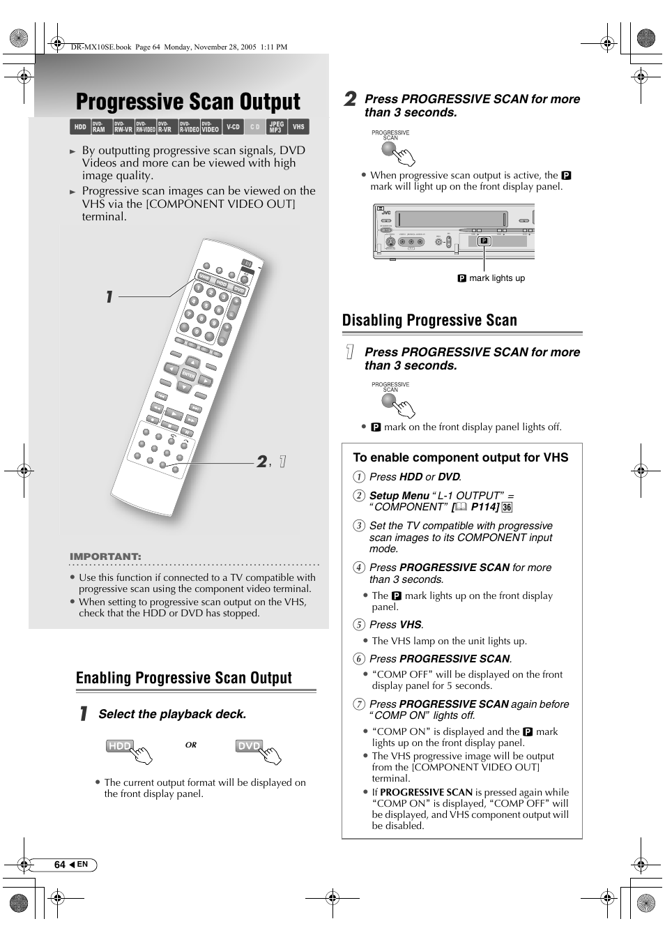 Progressive scan output, Enabling progressive scan output, Disabling progressive scan | Abcdefgh i lm, Ab , a | JVC DR-MX10SE User Manual | Page 64 / 128