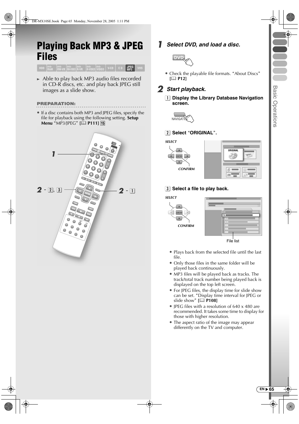 Playing back mp3 & jpeg files, Abcdefghi l m | JVC DR-MX10SE User Manual | Page 65 / 128