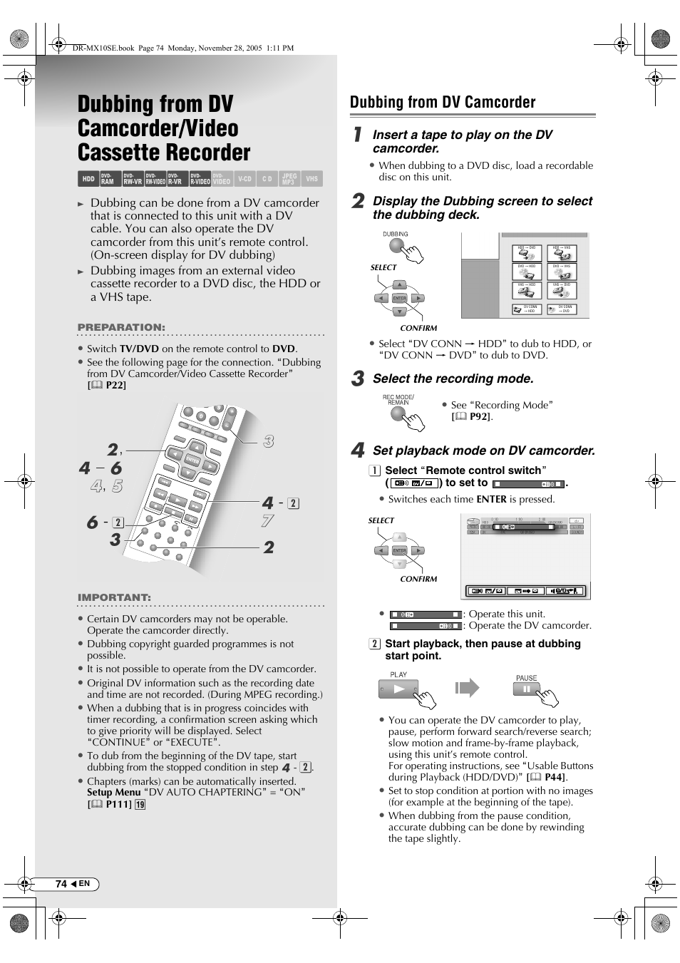Dubbing from dv camcorder/video cassette recorder, Dubbing from dv camcorder, Video cassette recorder | Abcdef ghilm, B, d - f d , e d | JVC DR-MX10SE User Manual | Page 74 / 128