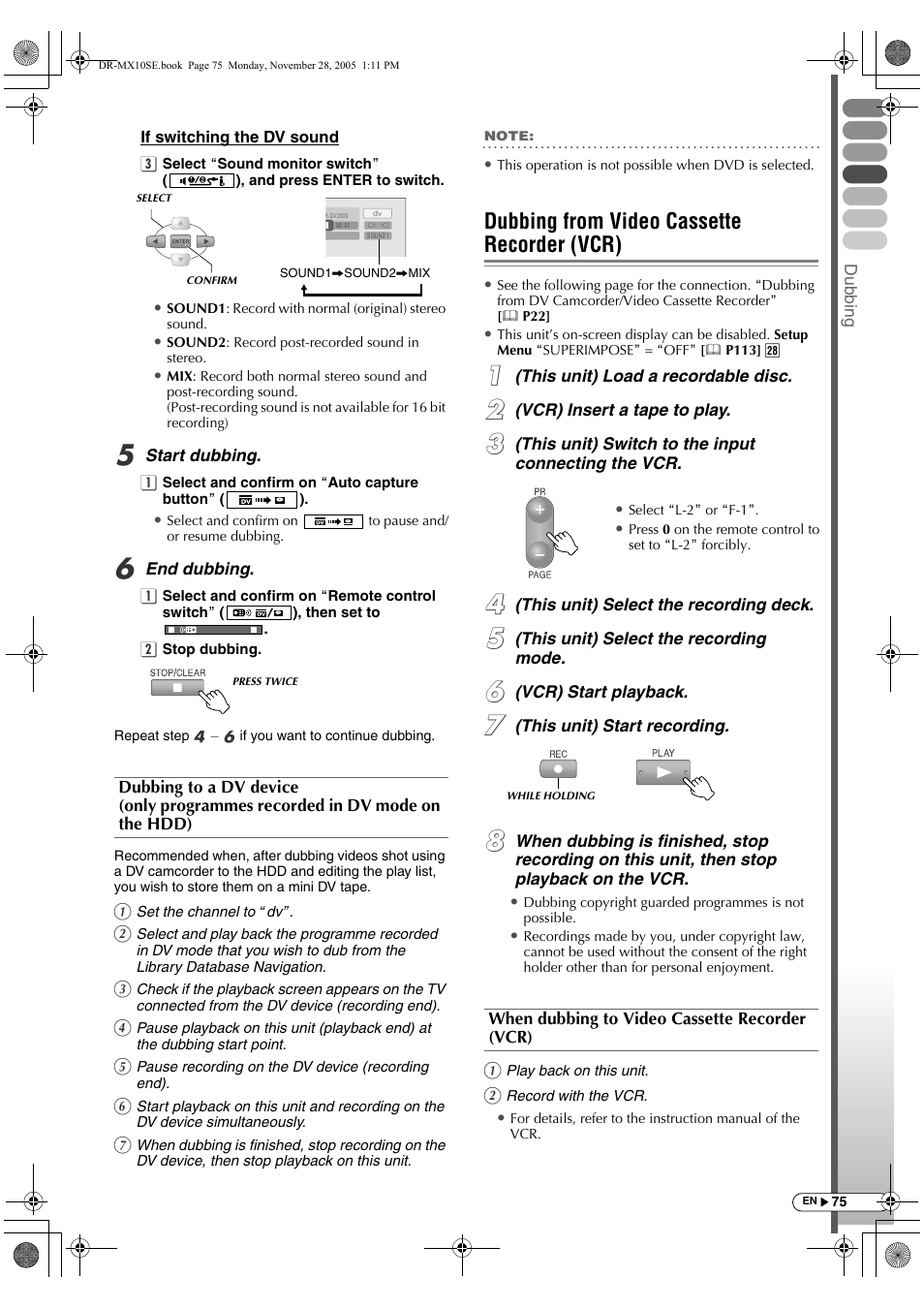 Dubbing from video cassette recorder (vcr) | JVC DR-MX10SE User Manual | Page 75 / 128