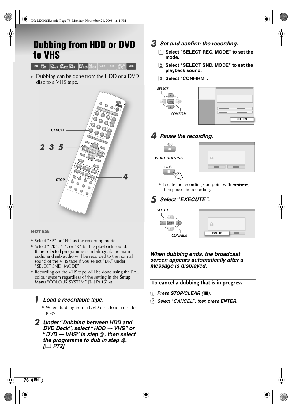 Dubbing from hdd or dvd to vhs, Abcdef ghil m, Db , c , e | JVC DR-MX10SE User Manual | Page 76 / 128