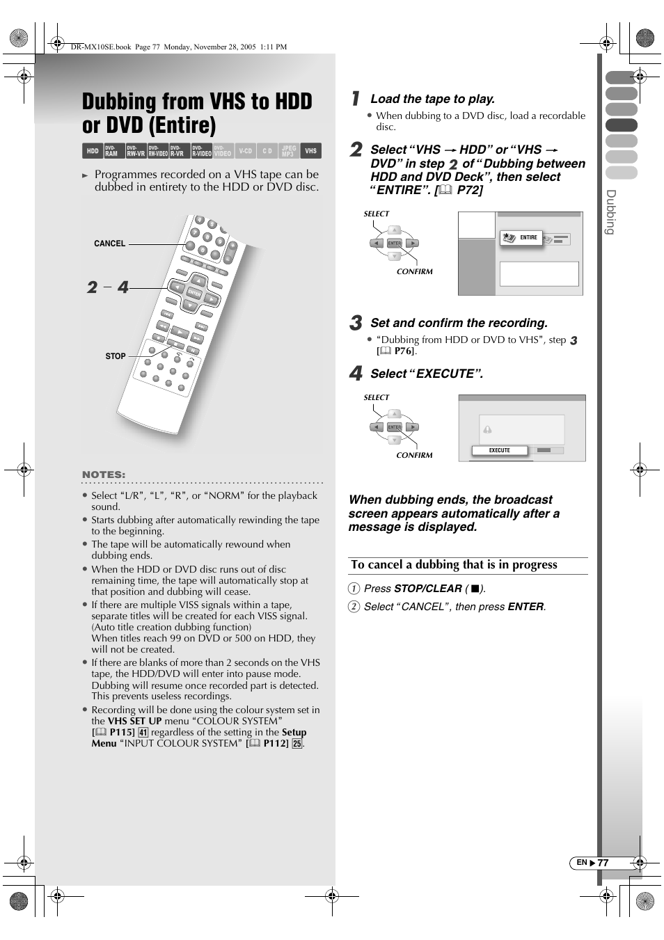 Dubbing from vhs to hdd or dvd (entire), Abcdef ghil m, B- d | JVC DR-MX10SE User Manual | Page 77 / 128